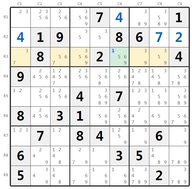 Exemple Hidden Single Sudoku - Analyse de ligne