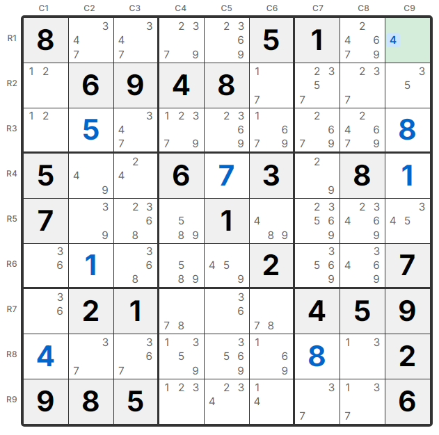 Exemple Singleton Nu - R1C9 n'a que le candidat 4